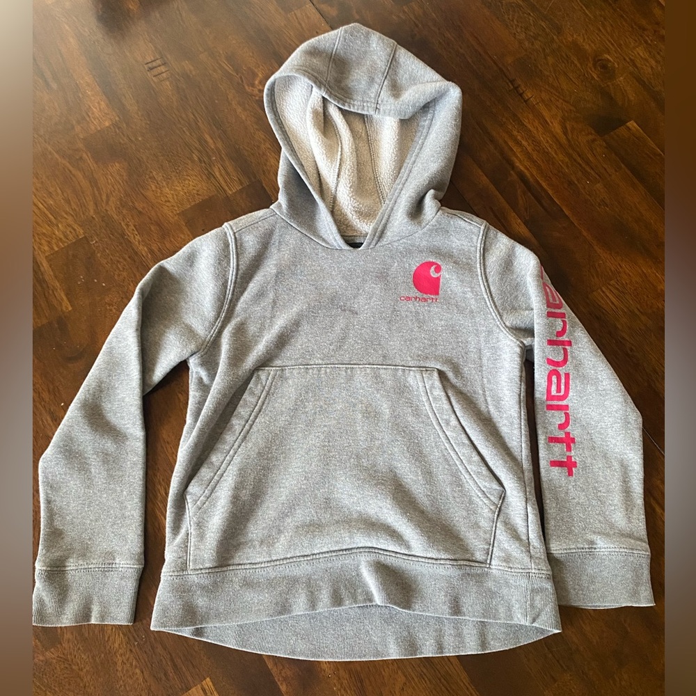 Carhartt Girls Pullover Hooded Sweatshirt Gray with Pink Logo Girls Size 6